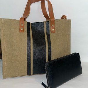 Striped Canvas Crossbody Tote with strap with black wallet New with tags